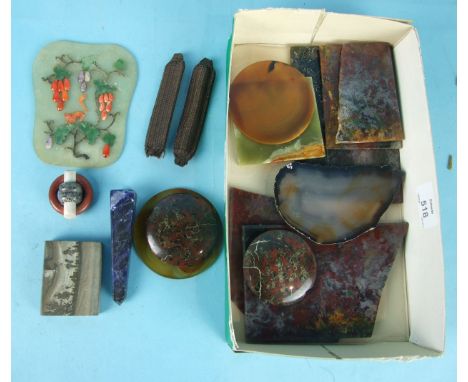 A quantity of agate and other hardstone clasps, plaques, orbs, beads, etc., including a jade shield shaped panel and a partly