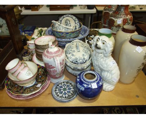 A 19th century porcelain part-tea service, a Staffordshire dog, various ceramics, glass and miscellaneous items.
