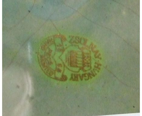 A Zsolnay Pecs green lustre dish relief-moulded with a lobster in a rock pool, 14cm diameter, printed factory marks to base.