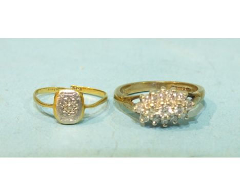 A diamond cluster ring claw set fifteen brilliant cut diamonds in 9ct gold mount, size J, 3g and a small 18ct gold ring set a