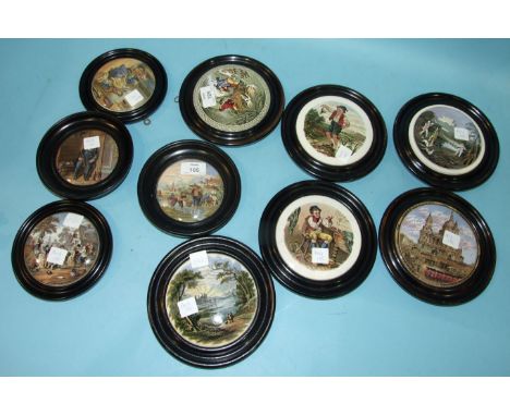 A collection of ten Prattware pot lids, including 'Funeral of the Late Duke of Wellington' and 'Transplanting Rice', (10).