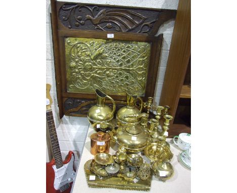 An oval copper tea caddy, 12cm high, a trench art brass shell case money box, other brass and metal ware, together with an oa