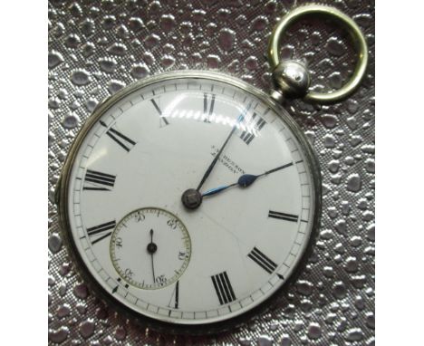 J. W. Benson silver key wound open faced pocket watch, white enamel Roman dial with rail track minutes and subsidiary seconds