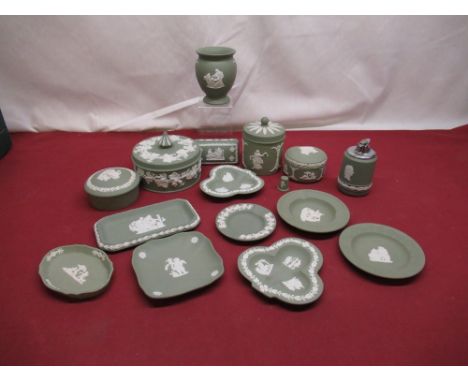 Collection of Wedgwood green Jasperware including lighter, trinket dishes, jars etc. 