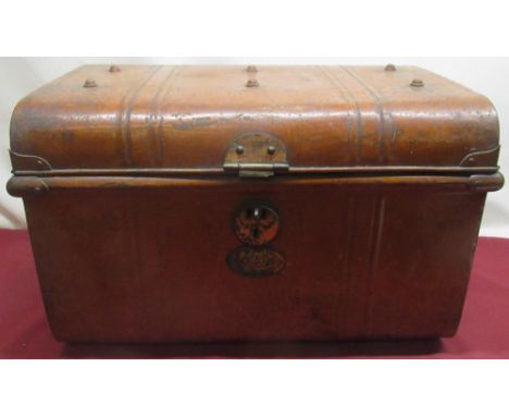 Early C20th metal trunk with brass lock (A/F) and side handles, brass makers plate for 'W.E. Husband, Bath &amp; Deed box man