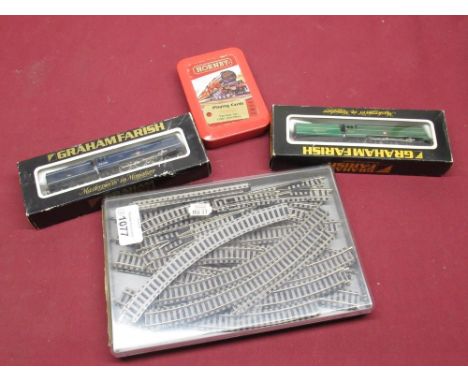 Two Graham Farish N gauge model locos Merchant Navy 1503 and 1507 boxed, a qty of N gauge track and a set of Hornby playing c