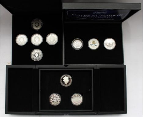 Three Royal Commemorative silver proof coin sets comprising Platinum Wedding Anniversary three coin Commonwealth set, Guernse