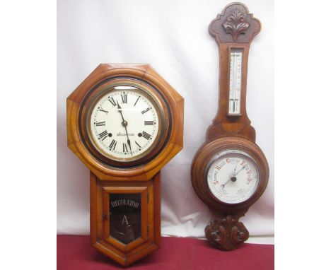 Early C20th oak cased wheel barometer and thermometer box with scroll decoration, H73cm, and a late C19th Ansonia Regulator A