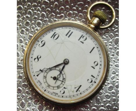 Derrick 9ct gold keyless open faced pocket watch, white enamel Arabic dial, rail track minutes and subsidiary seconds, hinged