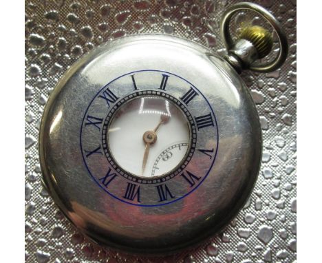 J. W. Benson silver keyless half Hunter pocket watch, white enamel Roman dial, rail track minutes and subsidiary seconds, sig