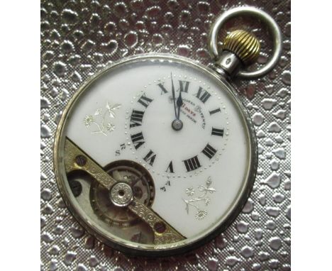 Hebdomas silver keyless open face pocket watch, white enamel Roman dial with visible balance, hinged case back hallmarked imp