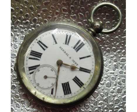 Kendal &amp; Dent silver key wound open faced pocket watch, white enamel Roman dial with rail track minutes and subsidiary se