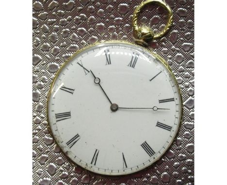 T. Hugues Geneve mid C19th key wound open faced pocket watch, white enamel Roman, engraved and engine turned coin edged case,