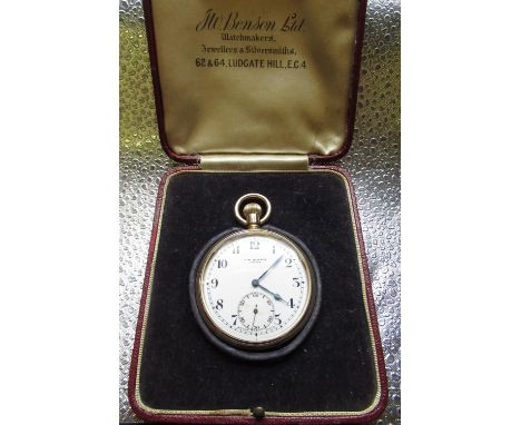 J. W. Benson 9ct gold keyless open faced pocket watch, white enamel Arabic dial, rail track minute and subsiduary seconds, hi
