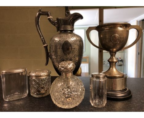 Collection of Victorian and later hallmarked sliver topped dressing table items incl. scent bottle and three jars, and a two-