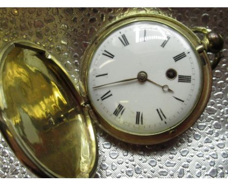 James Manning of Chichester mid C19th gilt metal Hunter cased pocket watch, white enamel Roman dial with rail track minutes, 