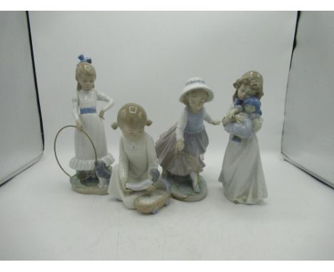 Four Nao figures of girls, two with hoops, two with dolls, max H24cm (4) 