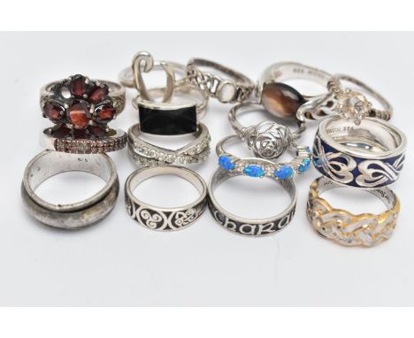 ASSORTED WHITE METAL RINGS, fifteen in total, various designs, some set with semi-precious stones etc, twelve rings stamped 9