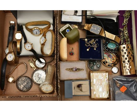 A BOX OF ASSORTED COSTUME JEWELLERY AND WRISTWATCHES, to include a pair of tri colour knot stud earrings unmarked, a single h