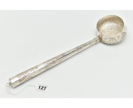 A WHITE METAL LADLE / WATER CARRIER, embossed foliate decoration, hanging loop fitted to end of handle, length 41cm, weight 1