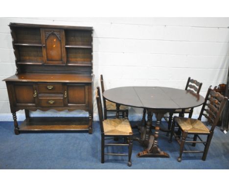 A 20TH CENTURY OAK OVAL DROP LEAF DINING TABLE, open length 147cm x closed length 50cm x depth 93cm x height 77cm, a set of f