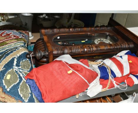 A JUNGHANS MAHOGANY WALL CLOCK, with brass and enamel dial, an Australian naval flag with rope lashings 186cm x 85cm, a union