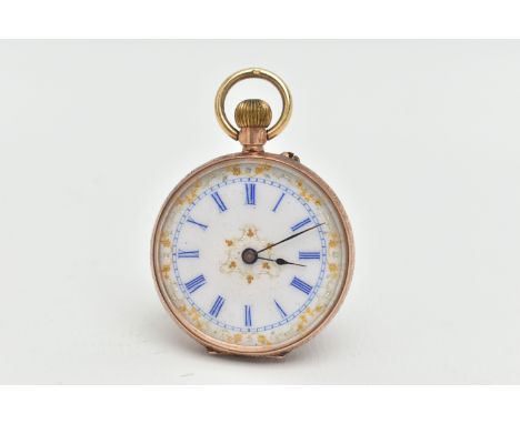 A LADYS YELLOW METAL OPEN FACE POCKET WATCH, manual wind, round white dial, blue Roman numerals, gold floral detail, blue ste