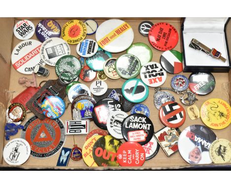 ONE BOX containing over sixty enamel and metal pin badges, keyrings, etc, mainly of a left-wing Political nature (with non-po