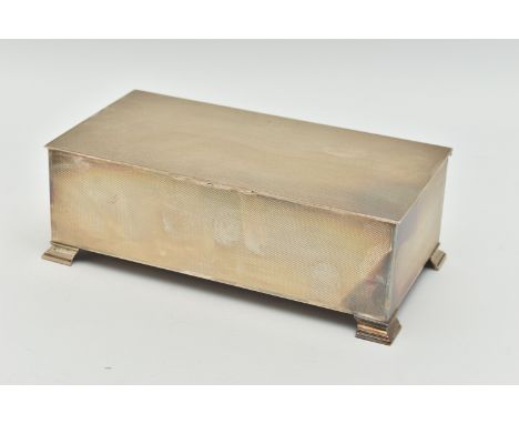 AN ELIZABETH II SILVER CIGARETTE BOX OF RECTANGULAR FORM, engine turned decoration to all sides, underside with rexine insert