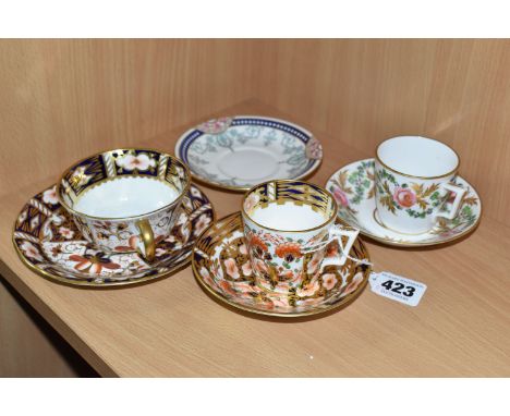 A STEVENSON &amp; HANCOCK DERBY IMARI PORCELAIN COFFEE CAN AND SAUCER TOGETHER WITH OTHER CUPS AND SAUCERS, comprising a Stev