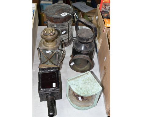 A GROUP OF LAMPS AND LANTERNS, to include a carriage lamp, a nautical lantern, a railway lantern marked 'B. R.' with rotating