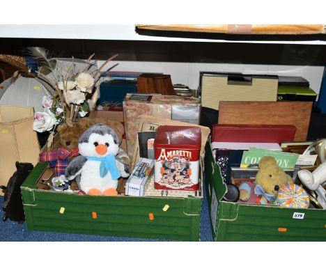 FOUR BOXES AND LOOSE MISCELLANEOUS ITEMS, a vintage tin of 'cats eye' marbles, two Baylis &amp; Harding gift sets, thirteen v
