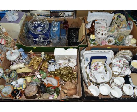 FOUR BOXES AND LOOSE CERAMICS AND GLASS, to include a Pendelfin Fruit Shop, Pendelfin rabbits: Barrow Boy x 2, Dodger, Barney