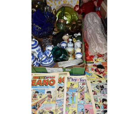 TWO BOXES AND LOOSE CERAMICS, GLASS, DOLL, BOOKS AND COMICS, to include a crystal blue cut to clear pedestal bowl, a green gl