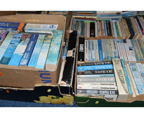 FIVE BOXES OF BOOKS containing over 200 miscellaneous titles in paperback format, subjects include mostly classic and contemp