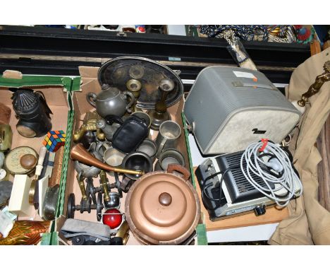 TWO BOXES AND LOOSE METALWARE AND SUNDRIES, to include a vintage Policeman's  Bullseye  cycle lamp, with a two layered fluted