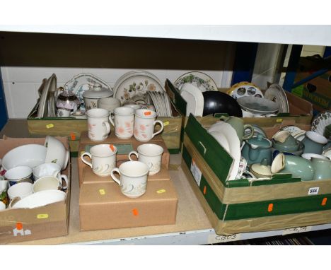 SIX BOXES OF TEA AND DINNER WARES ETC, to include green Denby Stoneware, Stanley rose pattern tea wares, two boxed sets of si