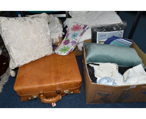THREE BOXES OF CUSHIONS, THROWS AND CURTAINS, to include a tan leather combination lock briefcase, two mid-century 'candlewic