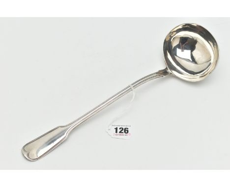 A LATE GEORGIAN SILVER LADLE, with fiddle and thread pattern to the terminal, hallmark for London 1826, length 335mm, approxi