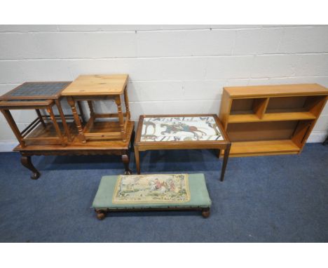 A SELECTION OF OCCASIONAL FURNITURE, to include a teak framed rectangular coffee table, with needlework insert, width 86cm x 