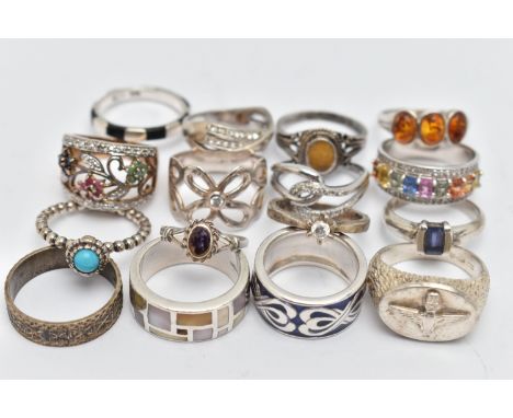 ASSORTED WHITE METAL RINGS, sixteen in total, various designs, some set with semi-precious stones etc, twelve rings stamped 9