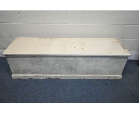 A PAINTED BEECH TOOL CHEST, with twin metal handles, length 157cm x depth 45cm x height 45cm (condition report: woodworm, pai