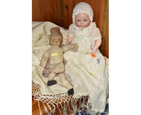 AN ARMAND MARSEILLE BISQUE HEAD DOLL, nape of neck marked 'A.M. Germany 341./372.K, sleeping blue glass eyes, missing lashes 