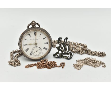 A SILVER OPEN FACE POCKET WATCH AND OTHER ITEMS,  key wound pocket watch, round white dial, Roman numerals, subsidiary dial a