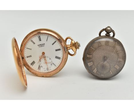 TWO POCCKET WATCHES, a white metal open face pocket watch, key wound movement, engine turned pattern and buckle design to the