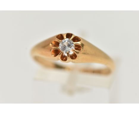 AN EARLY 20TH CENTURY, 18CT GOLD RING, centring on a circular cut colourless stone, assessed as spinel, in an eight claw sett