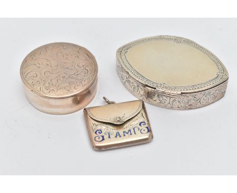 'A GEORGE V SILVER AND ENAMEL ENVELOPE 'STAMPS' CASE AND TWO SMALL SILVER BOXES, the stamp case with blue enamel lettering, m