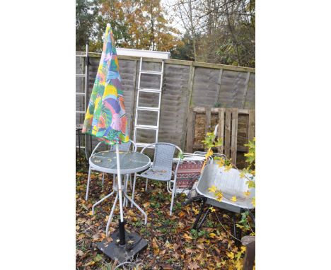 A CIRCULAR METAL AND GLASS GARDEN TABLE, diameter 60cn x height 70cm, a pair of rattan armchairs, parasol and stand, along wi