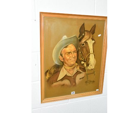 LATE 20TH CENTURY BRITISH SCHOOL, HEAD AND SHOULDERS PORTRAIT OF A COWBOY AND HIS HORSE, pastel, indistinctly signed  N. Clov