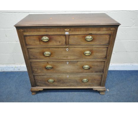 A GEORGIAN MAHOGANY AND INLAID CHEST OF TWO SHORT OVER THREE LONG DRAWERS, on bracket feet, length 110cm x depth 54cm x heigh